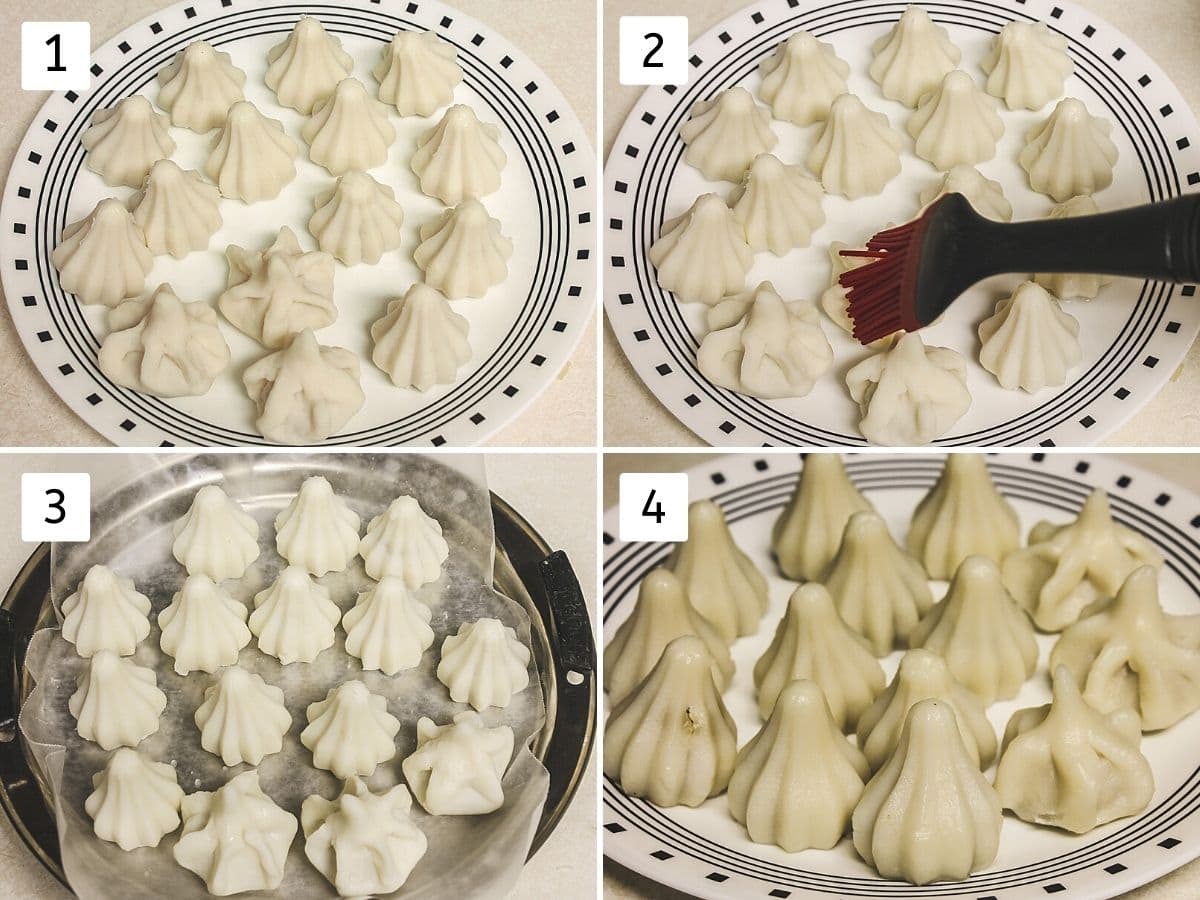 collage of 4 steps of steaming modak. Shows shaped modak, brushing water, on steamer plate and steamed