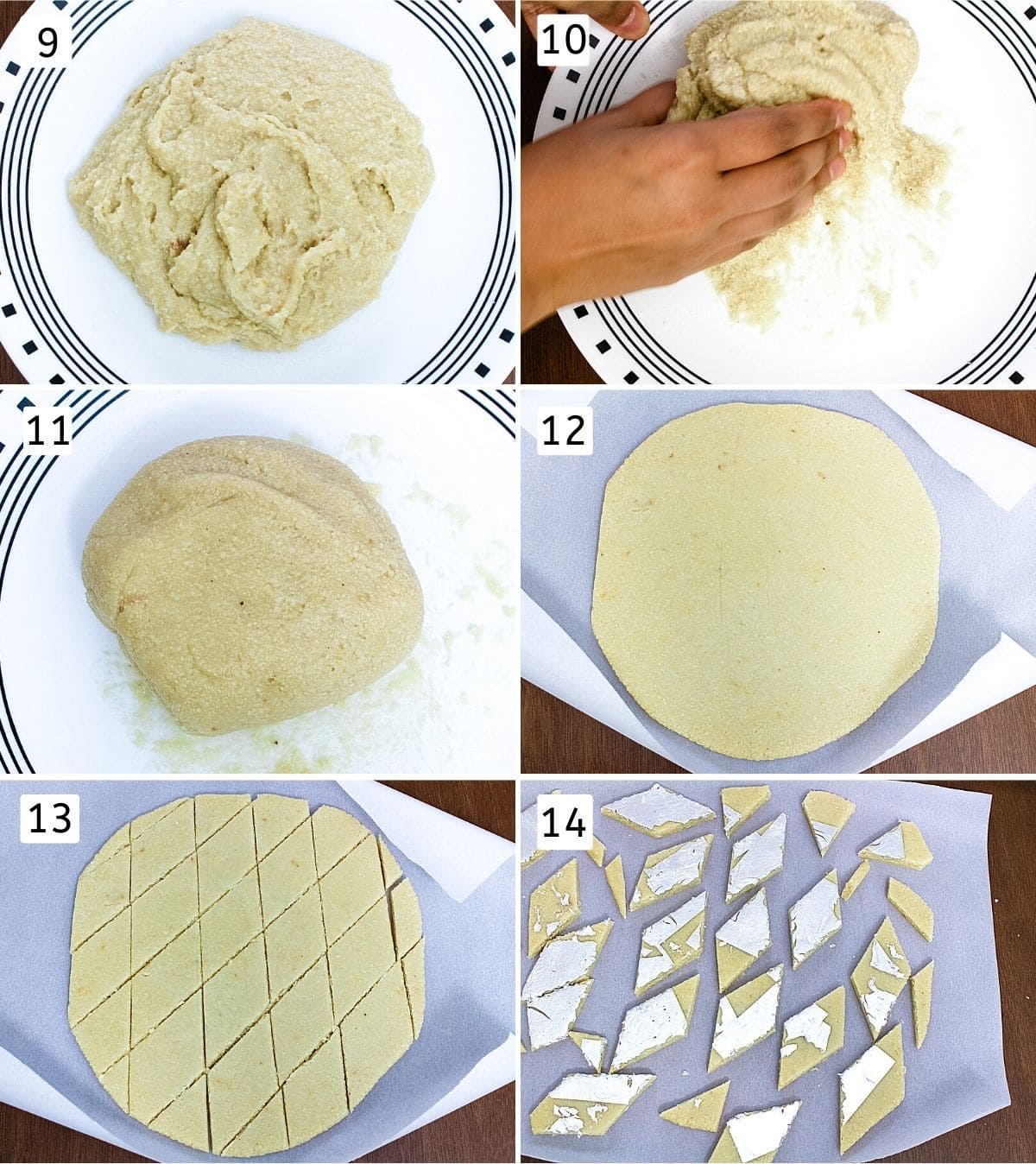 Collage of 6 images showing cooked dough, kneading, ready dough, rolled on parchment paper, cut into diamonds, decorated with varak