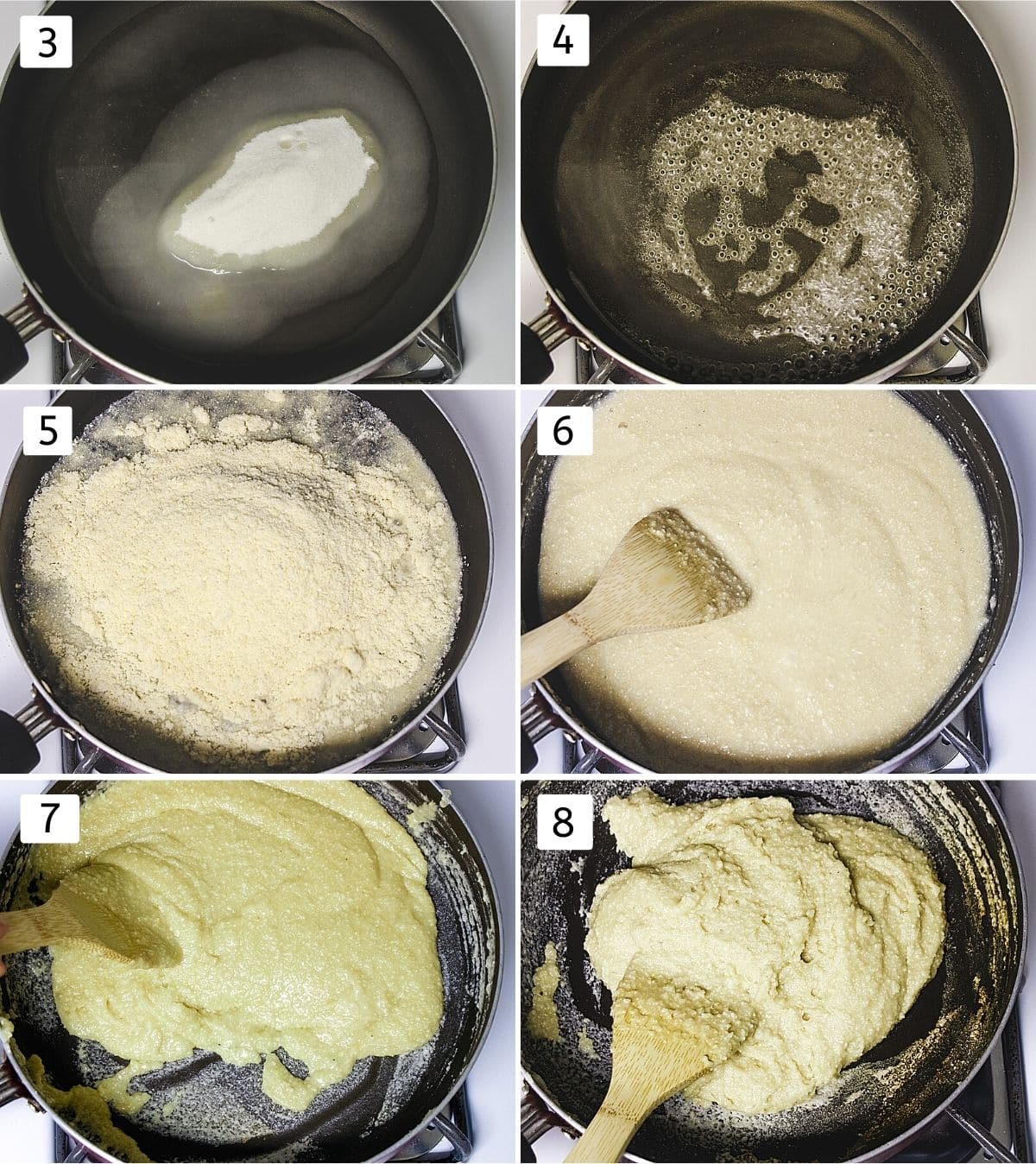 Collage of 6 images showing sugar, water in a pan, simmering syrup, adding cashew powder, mixing, cooking and ready dough