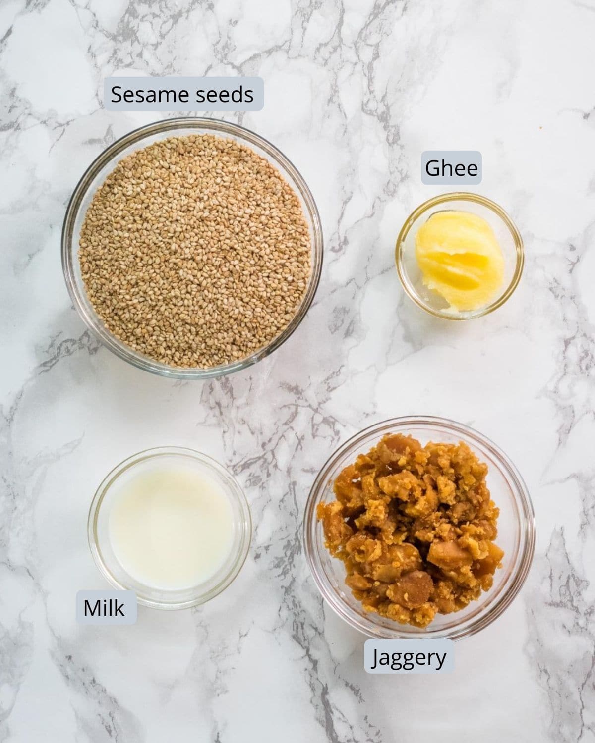 image of ingredients used in til modak. Includes sesame seeds, ghee, jaggery, milk.