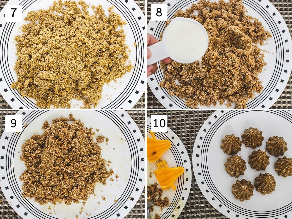 collage of 4 steps images. Shows cooked mixture in a plate, adding milk, mixing and shaping into modak