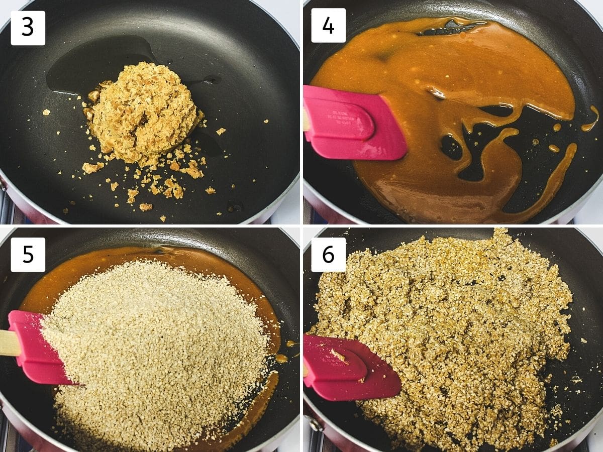 collage of 4 images. shows jaggery, ghee added and melted, adding and mixing ground sesame seeds