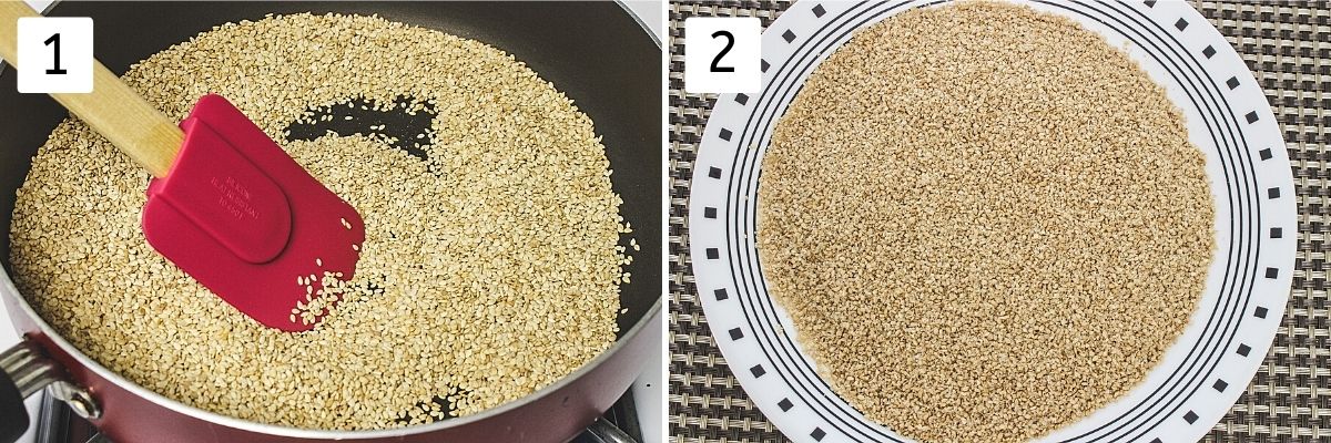 collage image of roasting sesame seeds. Shows roasting in a pan and cooling in a plate