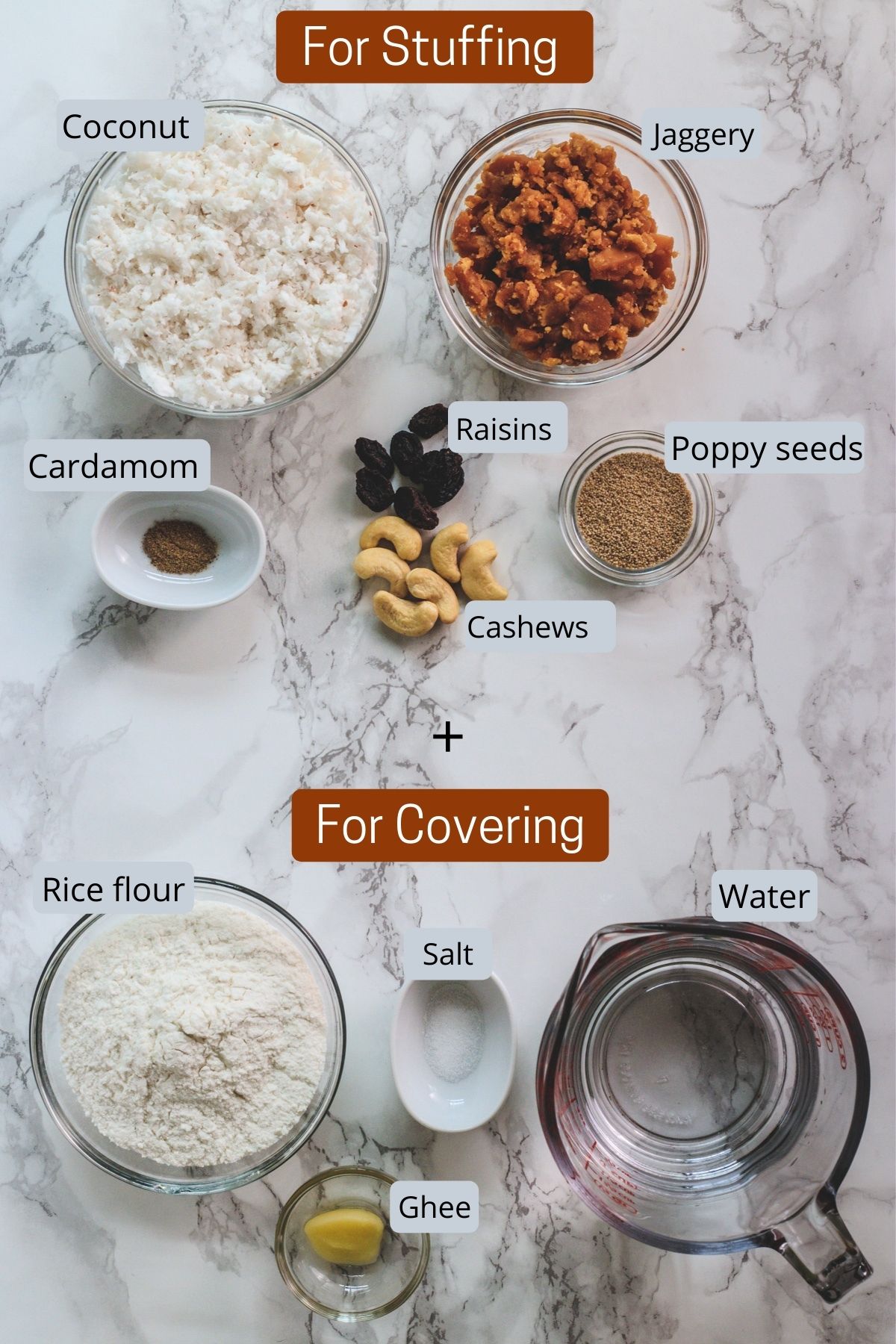 image of ingredients using in making stuffing and outer covering dough for ukadiche modak