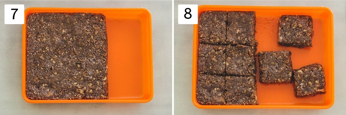 Collage of 2 steps showing burfi mixture in a greased container, cut into suqares.