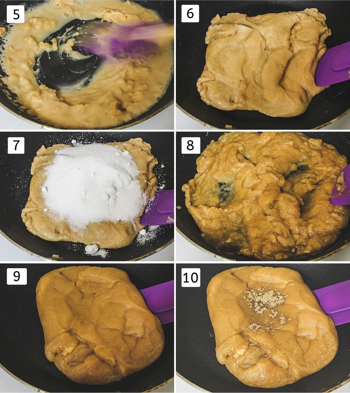 Collage of 6 images showing water added, thick halwa, sugar added, melted, halwa consistency, added cardamom