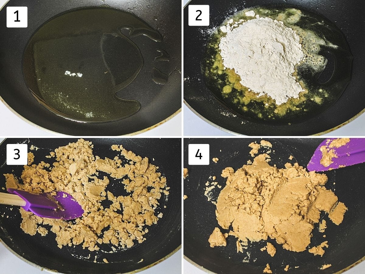 Collage of 4 images showing ghee in a pan, flour added, mixing and roasted flour-ghee mixture