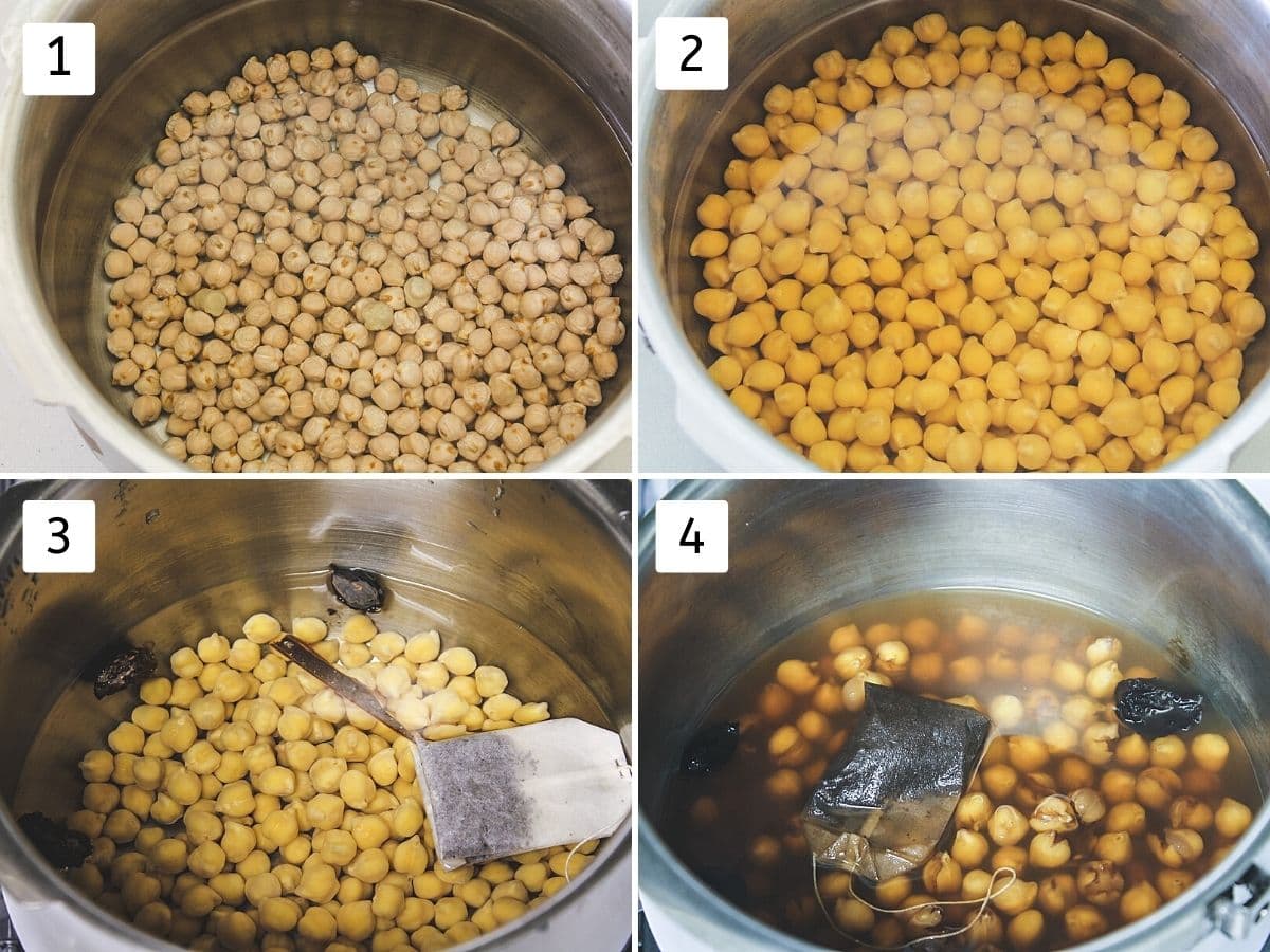 Collage of 4 steps showing soaking chickpeas, soaked overnight, added teabag and spices, boiled chickpeas.