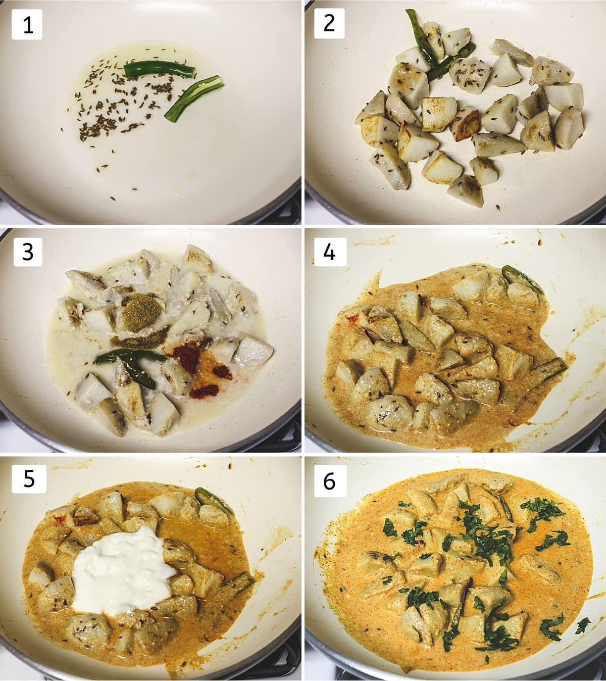 collage of 6 steps showing cumin in the oil, frying arbi, adding cashew paste, spices, mixed, adding yogurt, adding cilantro