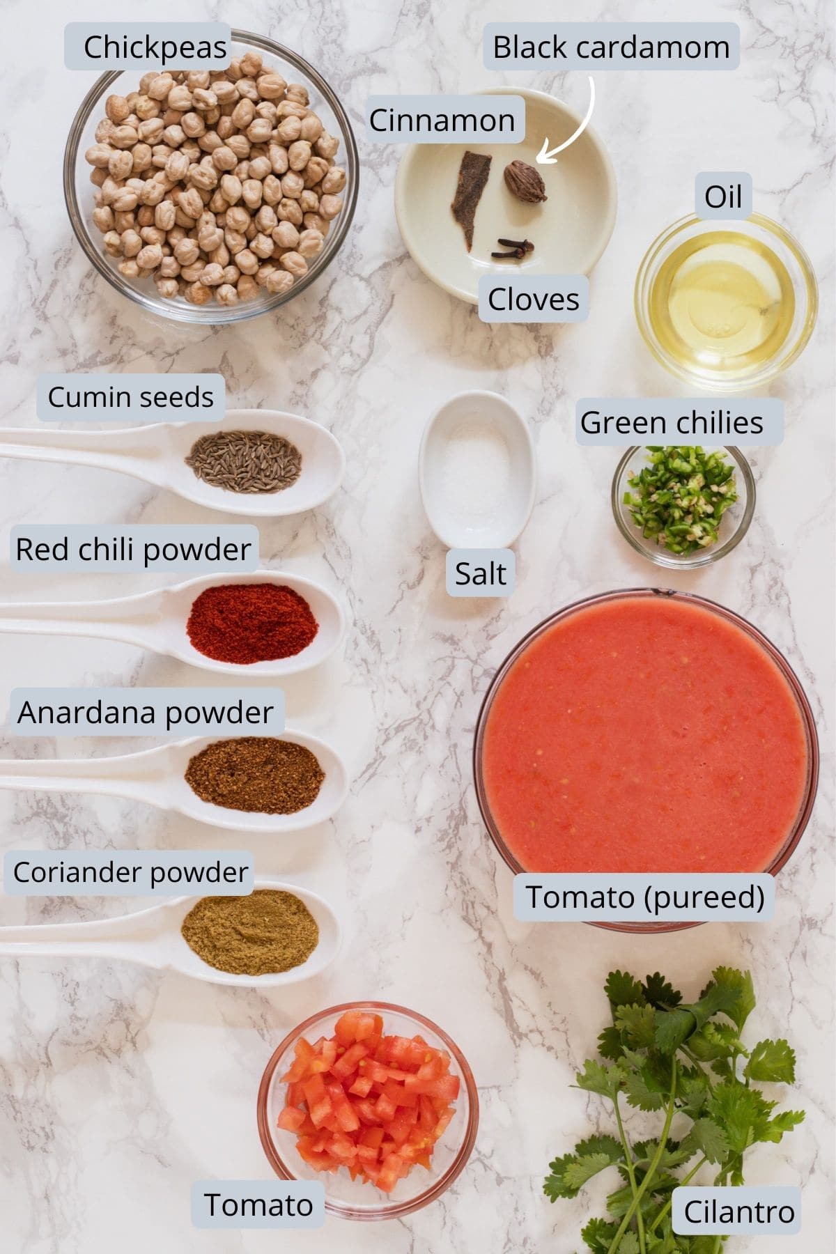 Ingredients used in Jain chole includes chickpeas, spices, oil, salt, green chili, tomato, cilantro