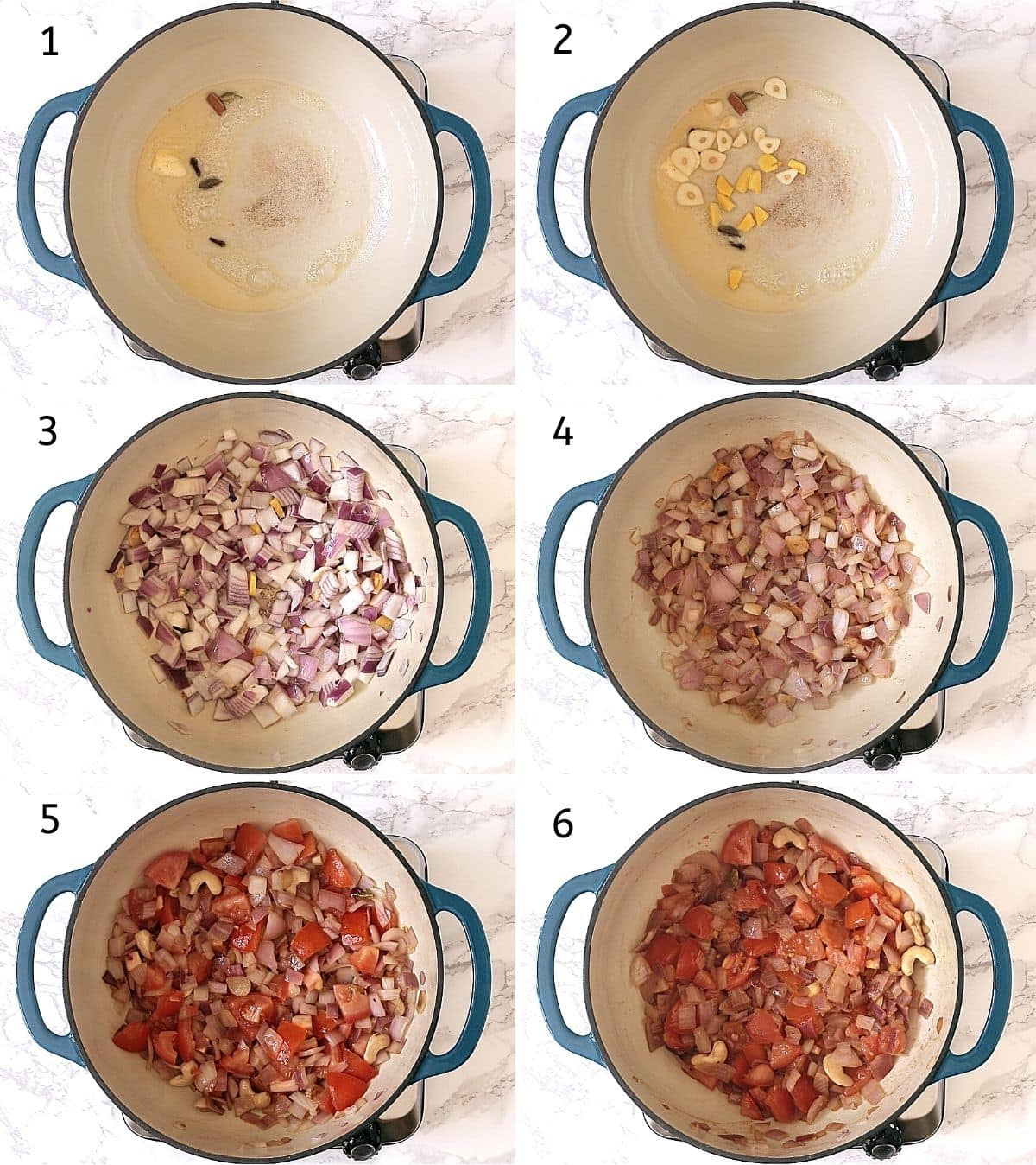 Collage of 6 steps showing spices in butter, cooking ginger garlic, added onion, softened onion, added tomato, cooked mixture