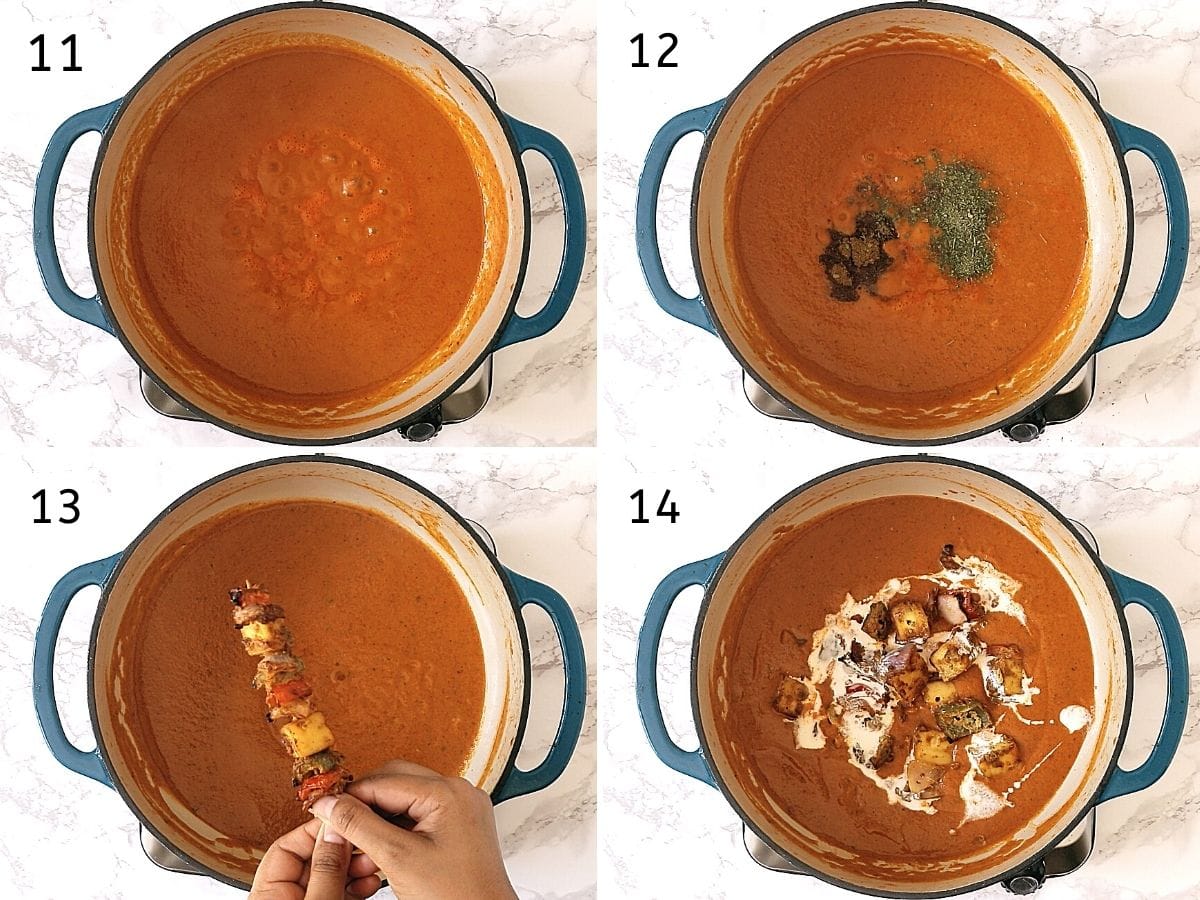 Collage of 4 steps showing simmering gravy, added kasoori methi, garam masala, adding tikka, adding cream