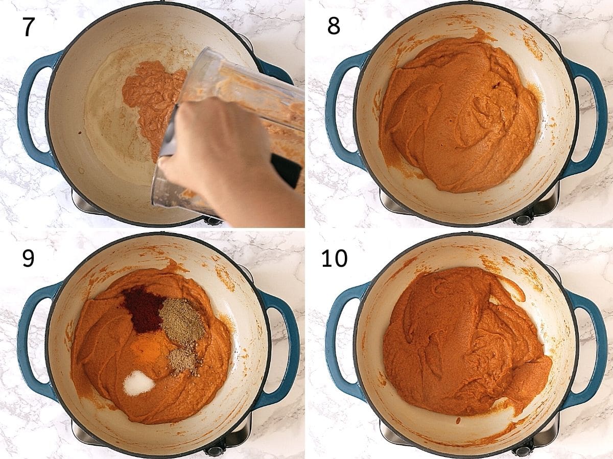 Collage of 4 steps showing adding paste, cooked paste, adding spice powders, mixed well.