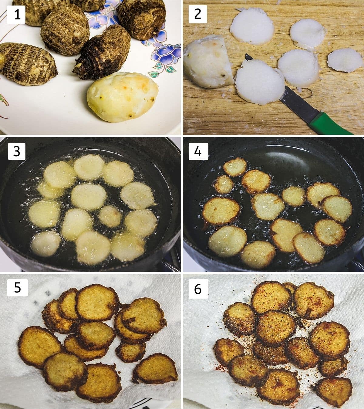 collage of 6 steps showing boiled arbi, sliced, adding into hot oil, crisp, removed to a plate, sprinkle spices