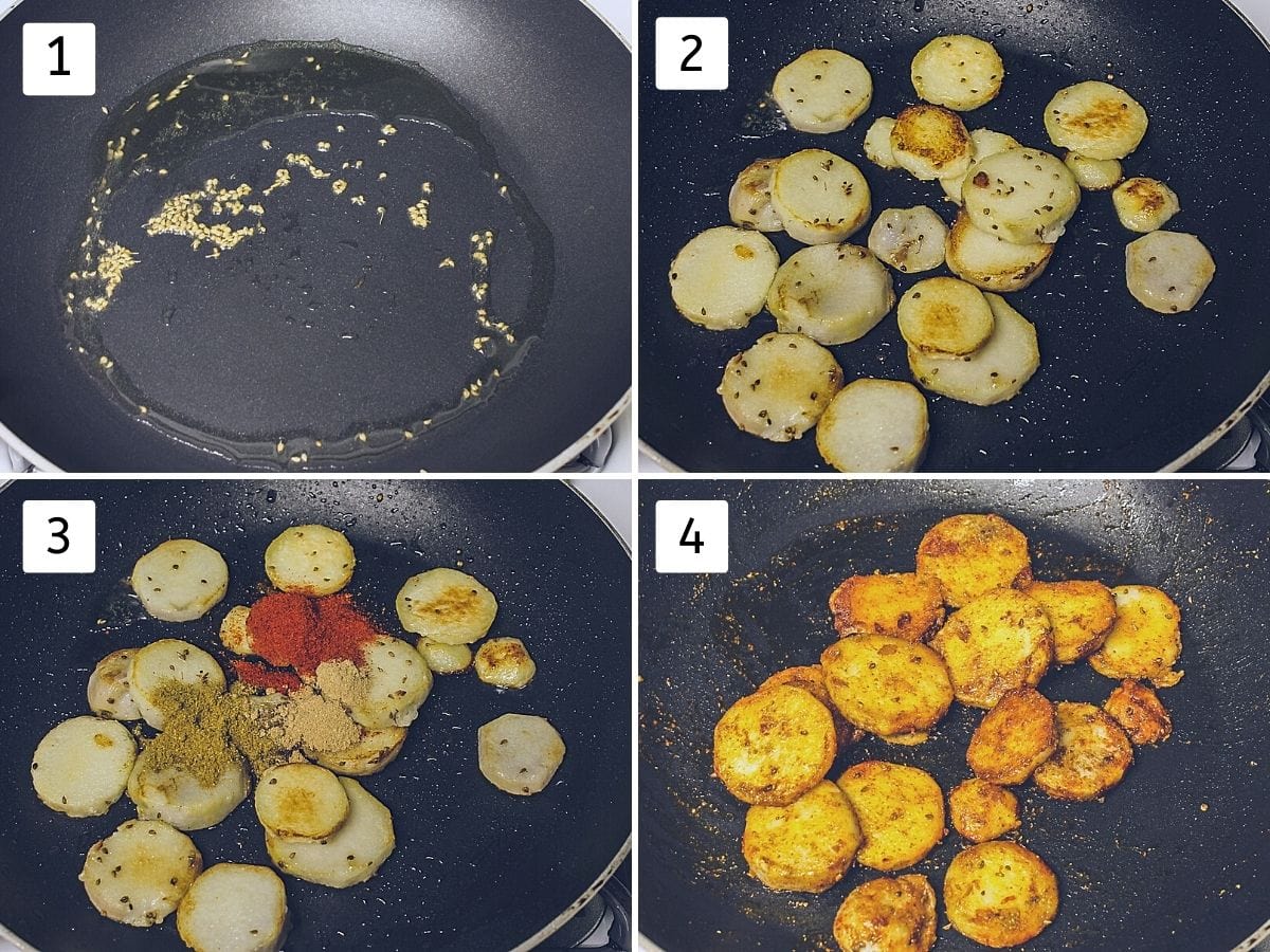 Collage of 4 steps showing ajwain in hot oil, cooking sliced arbi, adding spices and mixed together