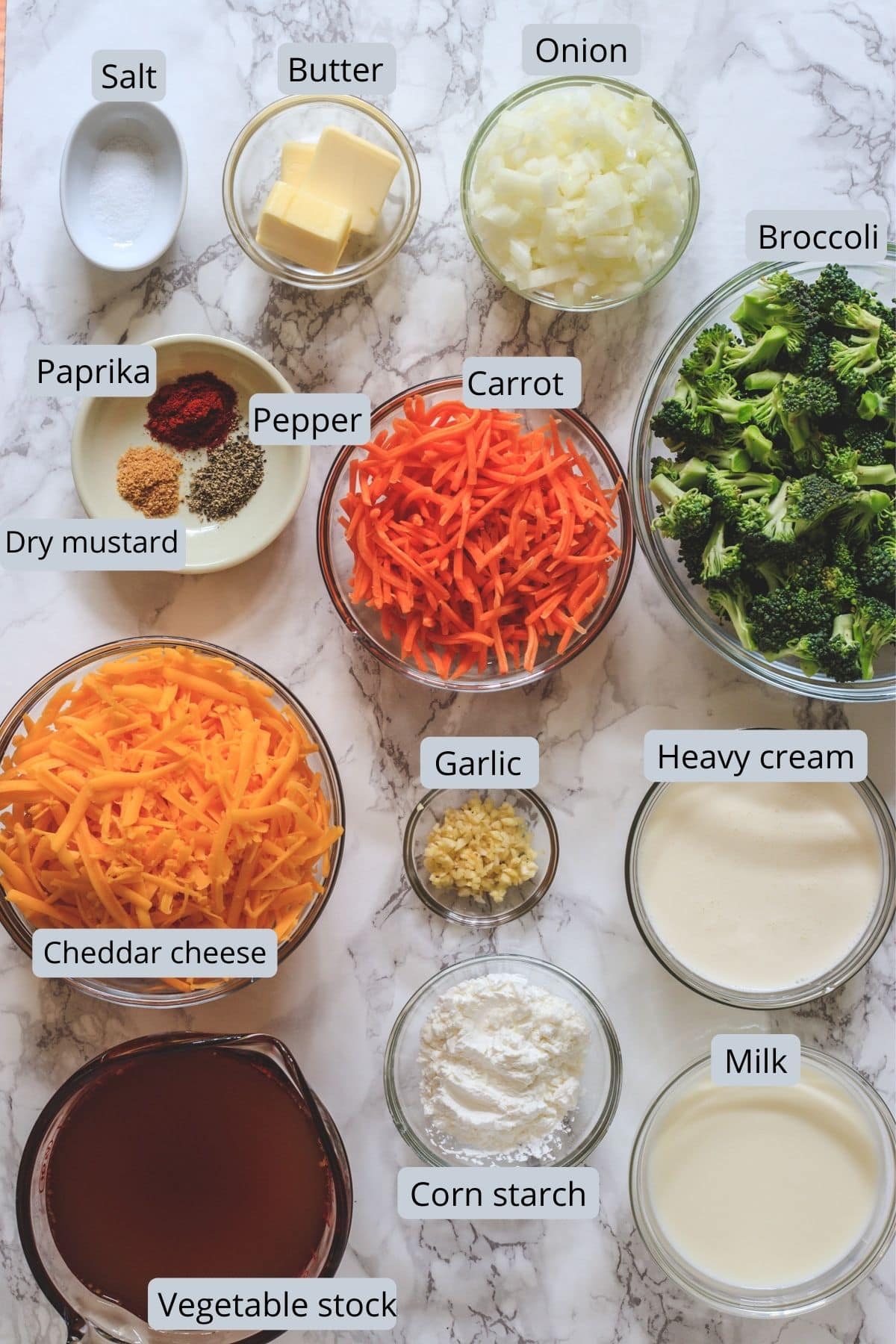 Ingredients used in broccoli cheddar soup includes butter, onion, garlic, carrot, broccoli, spices, milk, cream, cornstarch, stock and cheese.