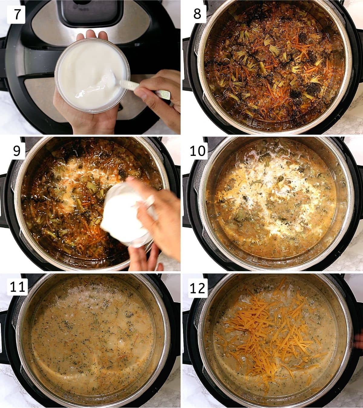 Collage of 6 steps showing making slurry, cooked soup mixture, adding slurry, adding cream, simmering, adding cheese.