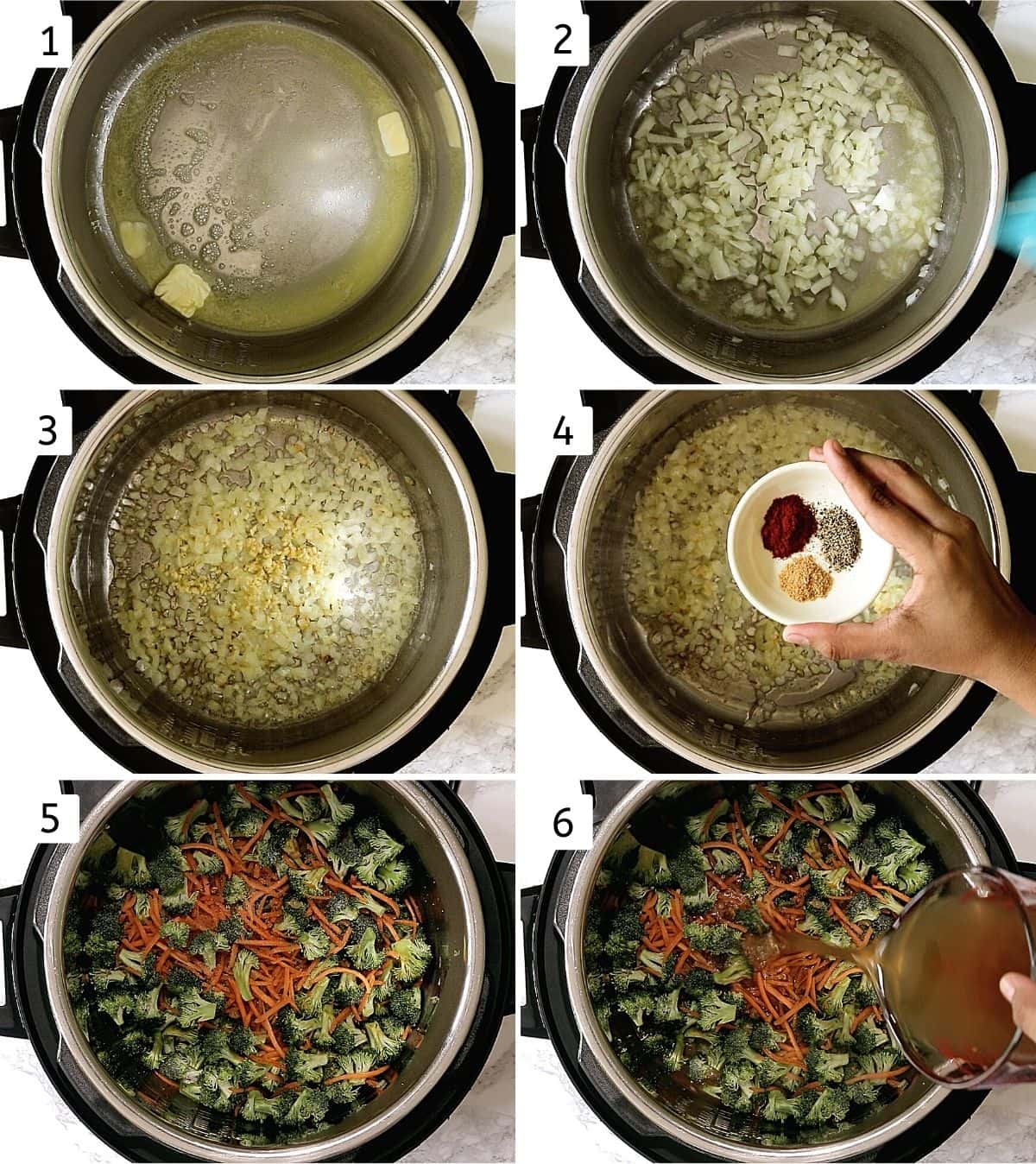 Collage of 6 steps showing melting butter, adding onion, adding garlic, adding spices, broccoli carrot added, adding stock.