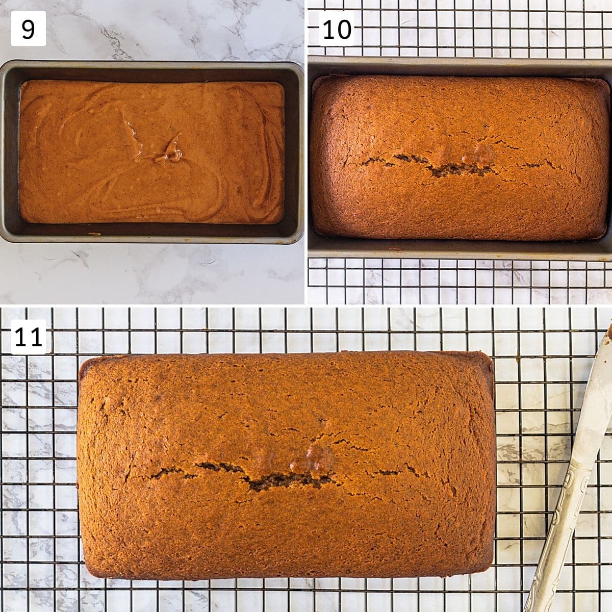 Collage of 3 steps showing batter into the load pan, baked bread, cooling on a rack.