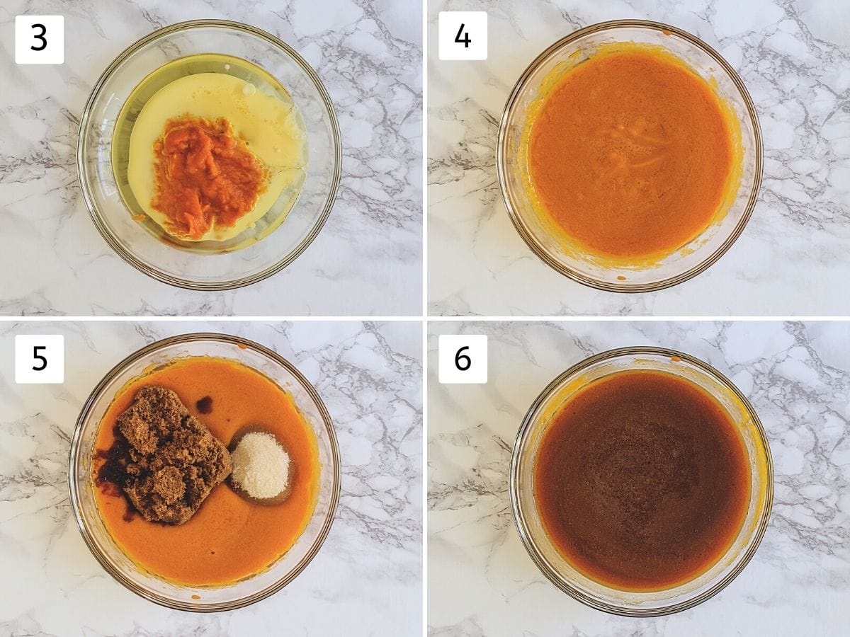 Collage of 4 steps showing wet ingredients in a bowl, whisked, adding both sugar, mixed.