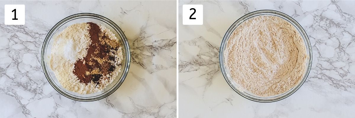 Collage of 2 steps showing dry ingredients in a bowl and mixed.