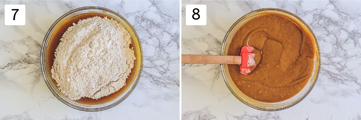 Collage of two steps showing adding dry to the wet and ready batter.