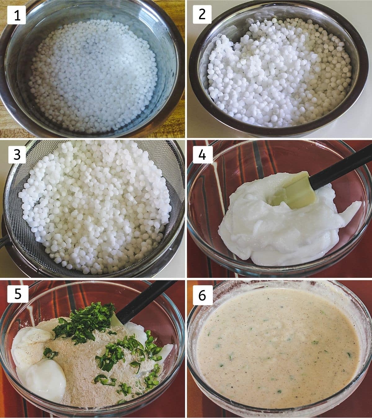 collage of 6 steps showing soaking sabudana, soaked sabudana, drained water, sabudana paste, rest ingredients added and batter