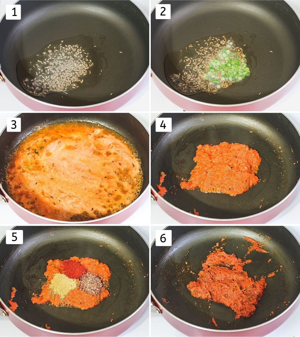 Collage of 6 steps showing saute cumin seeds, saute green chilies, adding tomato puree, cooking, adding spices and mixed.
