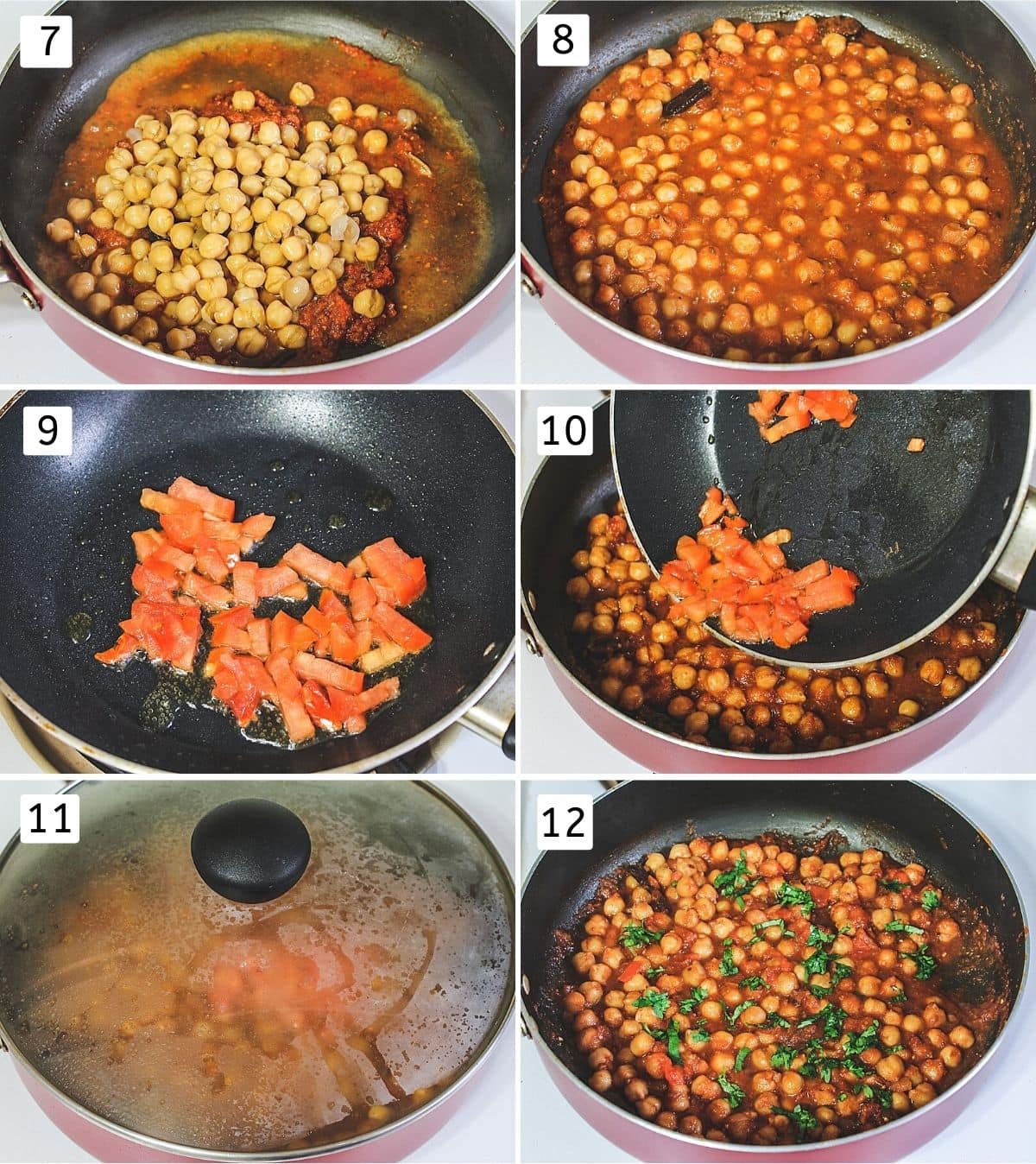 Collage of 6 steps showing adding boiled chickpeas, simmering, tempering with tomatoes, adding tadka, covered the pan, adding cilantro.