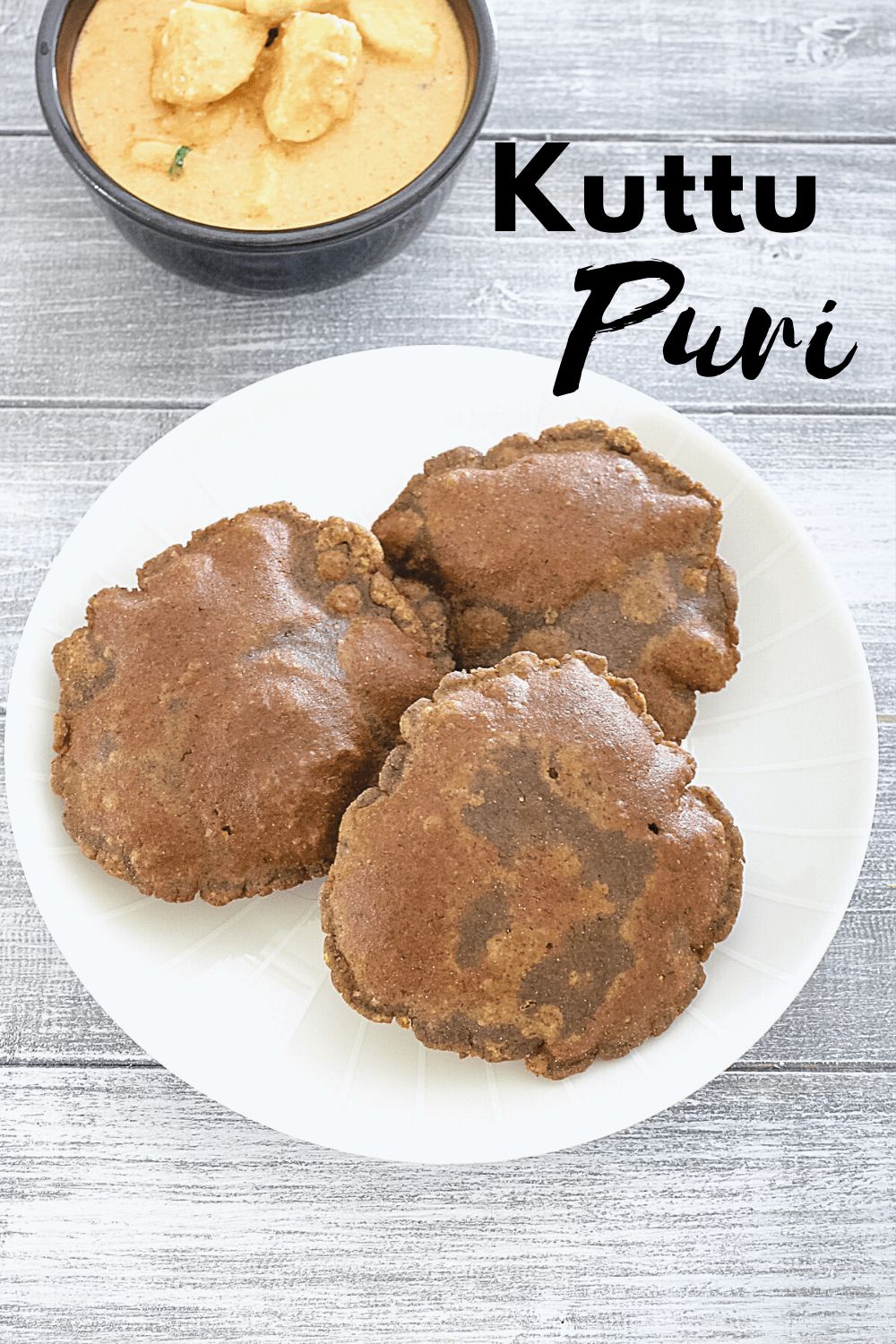 kuttu ki puri in a plate with text on the image for pinterest