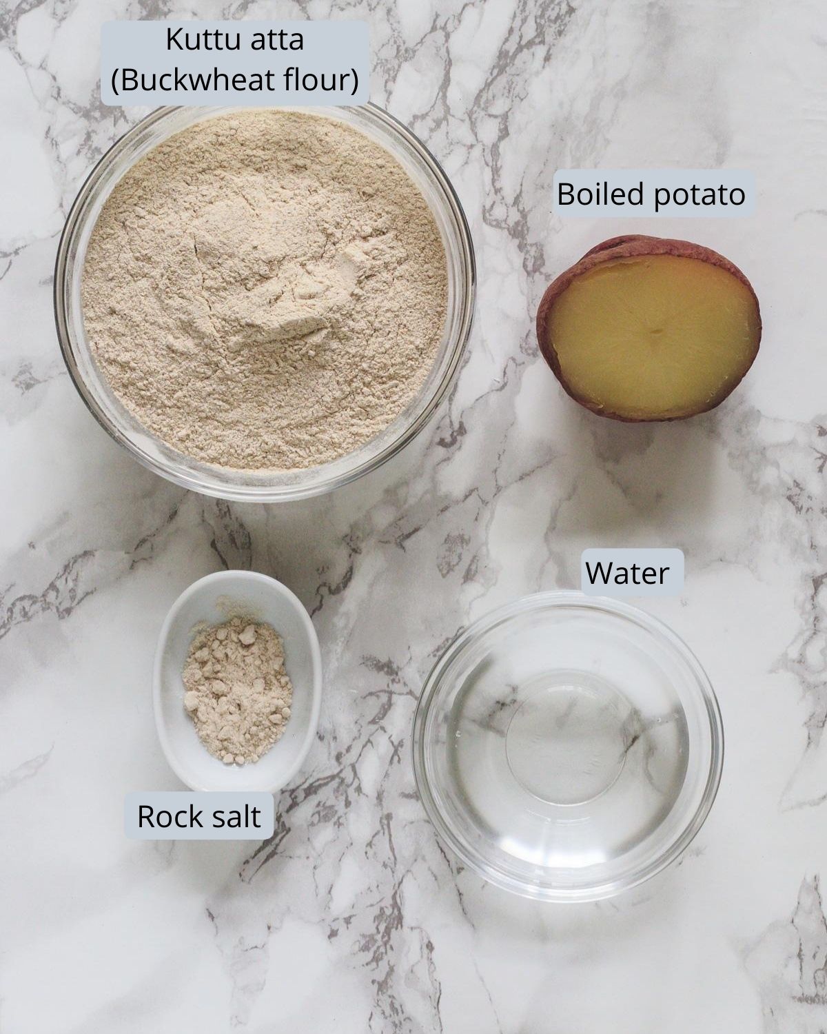 Ingredients used in kuttu paratha includes buckwheat flour, potato, rock salt and water.