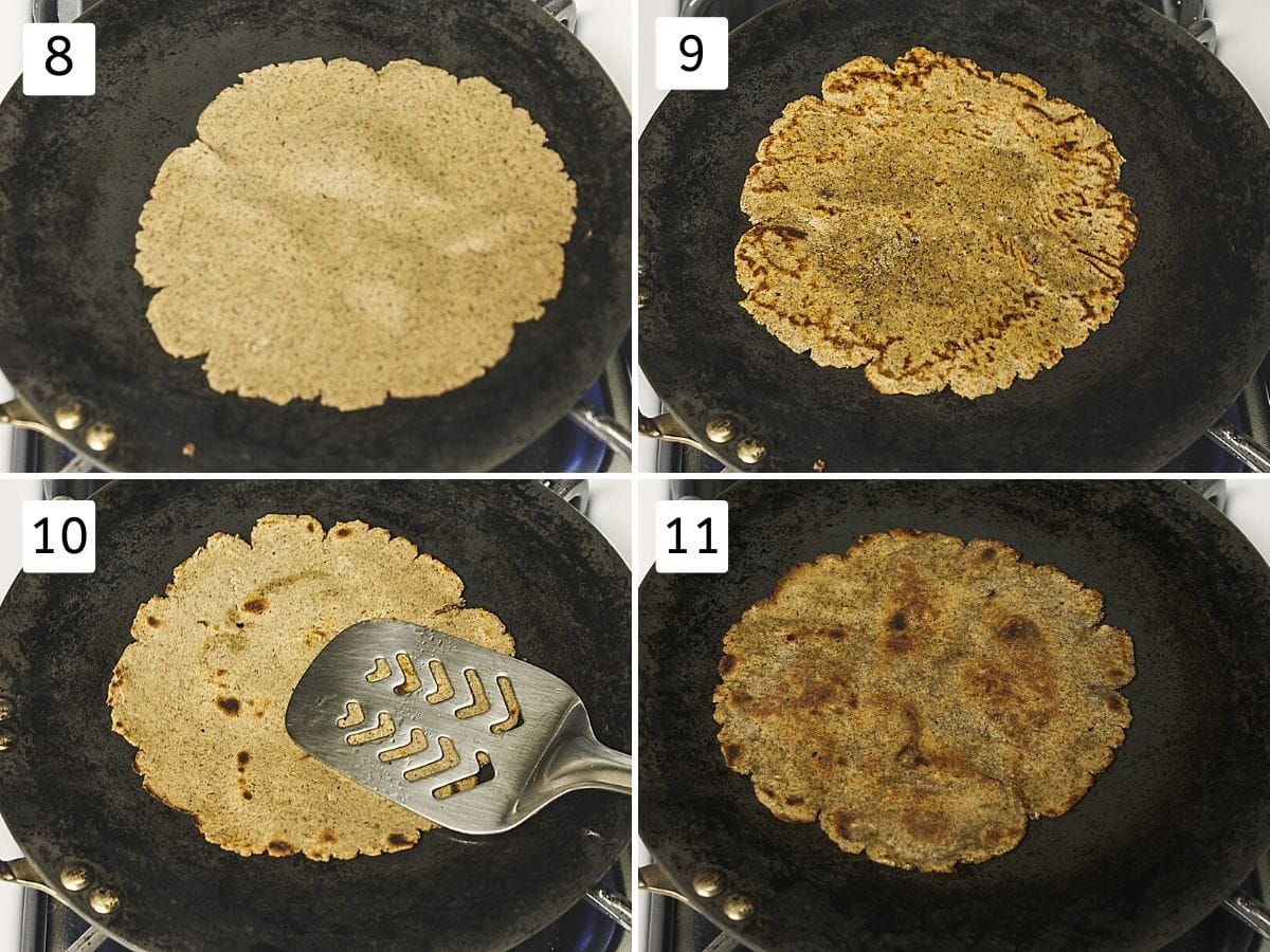 Collage of 4 steps showing placed paratha on tawa, flipped, pressing with spatula and cooked kuttu paratha