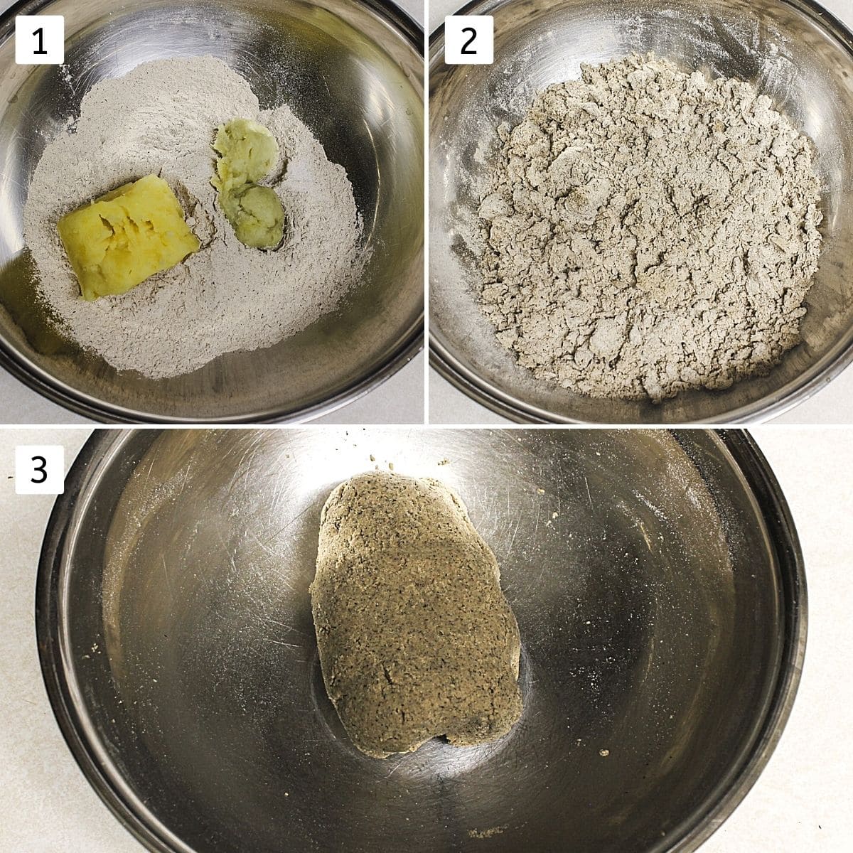 Collage of 3 steps showing flour, salt and potato in a bowl, mixed, ready dough