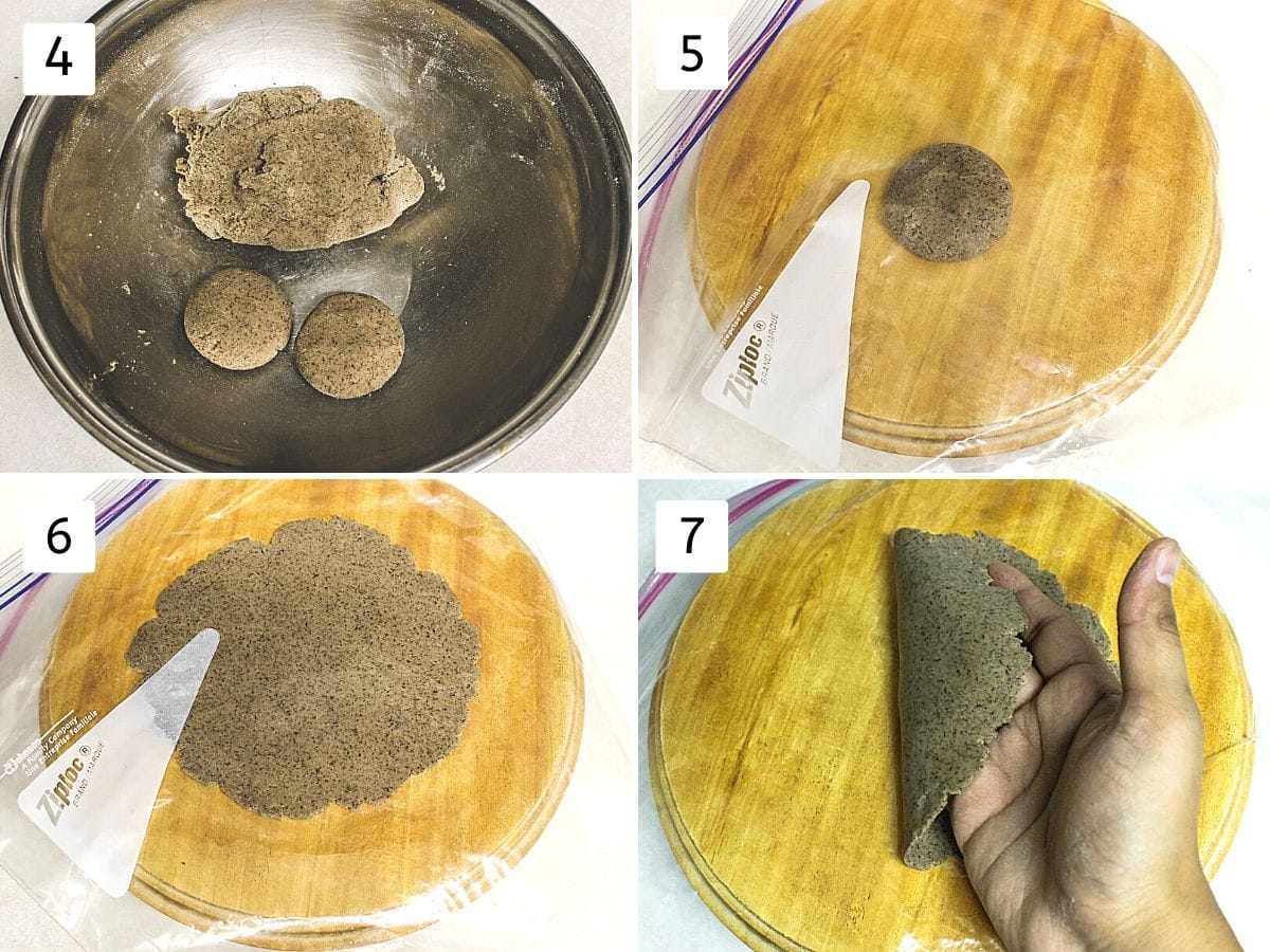 Collage of 4 steps showing divided into small balls, one ball between ziplock layers, rolled paratha, lifting with hand