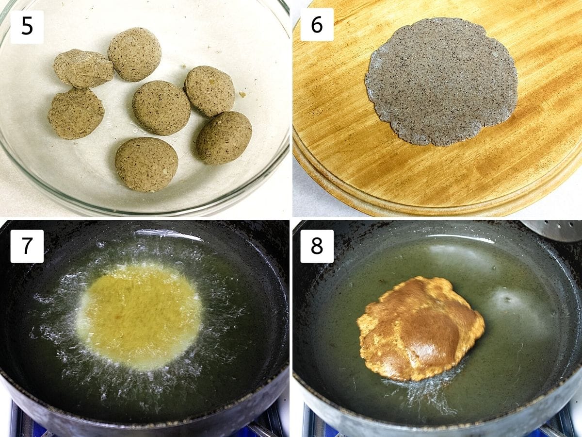 collage of 4 steps showing 7 small balls, rolled puri, frying into the oil, flipped fried puri