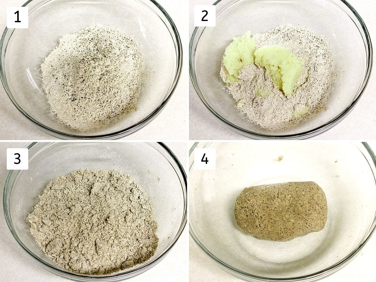 collage of 4 steps showing flour, salt, pepper in a bowl, added potato, mixed, ready dough