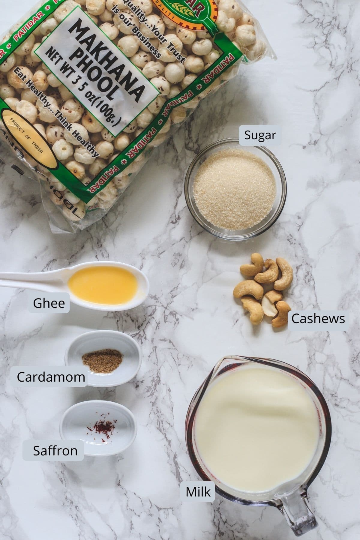 Ingredients used in makhana kheer includes foxnuts, milk, sugar, ghee, cardamom, saffron, cashews