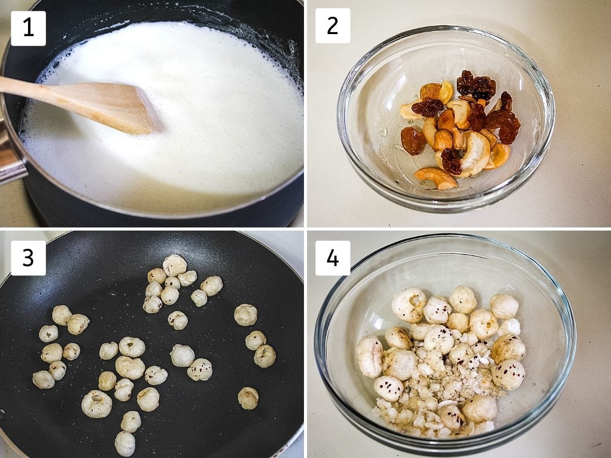 Collage of 4 steps showing milk simmering, roasted cashews, raisins, roasting makhana, few crushed makhana in a bowl.