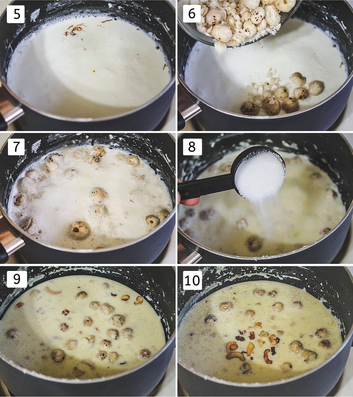 collage of 6 steps showing adding saffron and makhana in milk, simmered kheer, adding sugar, adding cardamom, adding cashews.