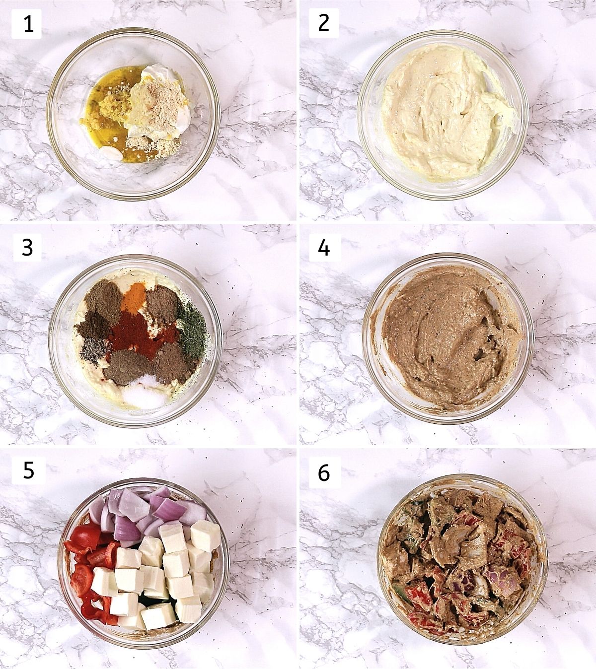 Collage of 6 steps showing greek yogurt, besan, oil in a bowl, mixed, added spices, mixed, added paneer and veggies, mixed