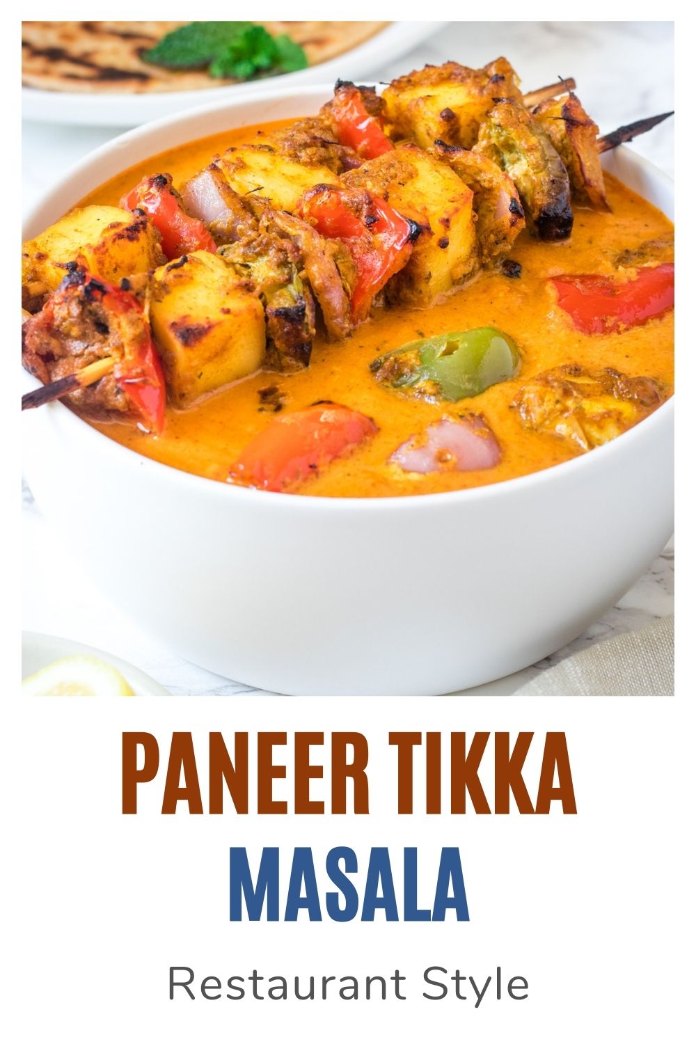 paneer tikka masala curry with text on the image for pinterest