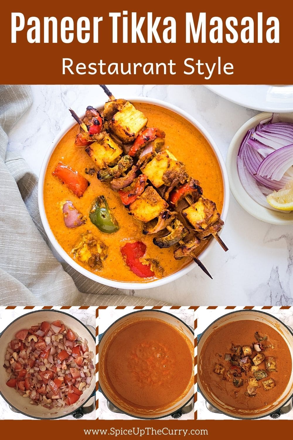 paneer tikka masala in a bowl with 3 steps pics at the bottom with text on the image for pinterest