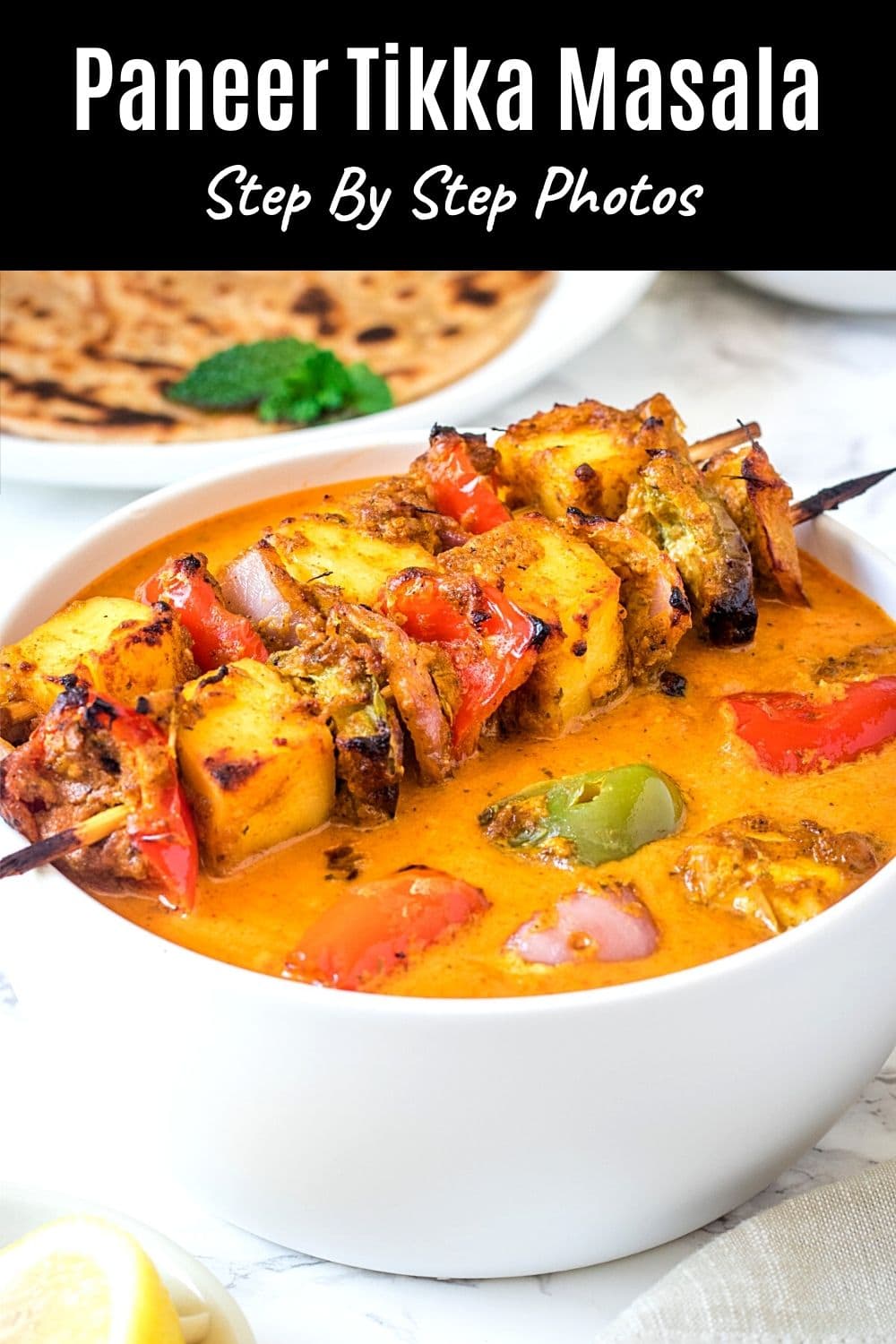 paneer tikka masala curry bowl with text on the image for pinterest