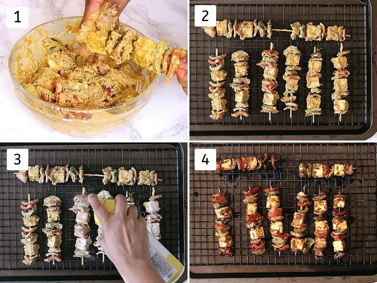 Collage of 4 steps showing arranging tikka on skewers, arrange on the baking tray, spraying with oil, cooked paneer tikka