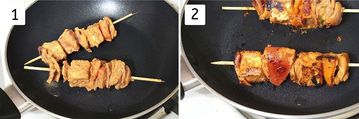 Collage of 2 steps showing paneer tikka cooking on the stove top on tawa (skillet)