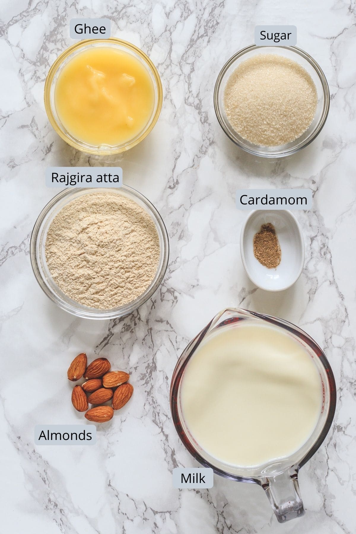 ingredients used in rajgira sheera includes rajgira flour, ghee, sugar, milk, cardamom, almonds