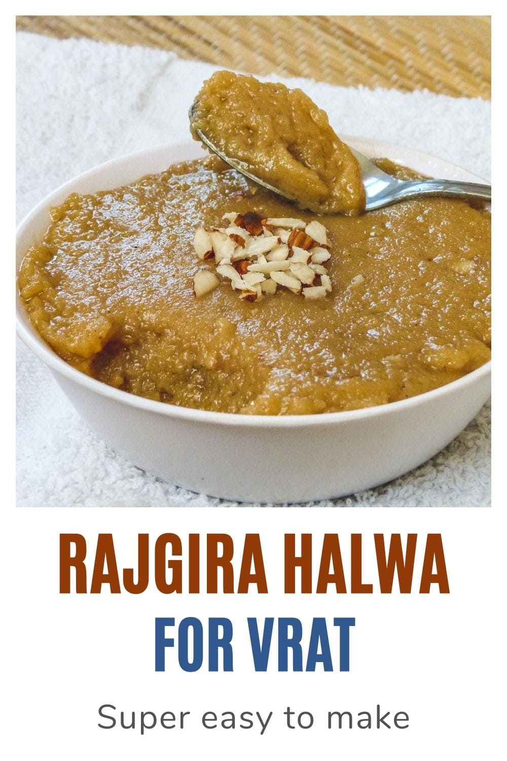 rajgira halwa in a bowl with spoon, text at the bottom of the image for pinterest
