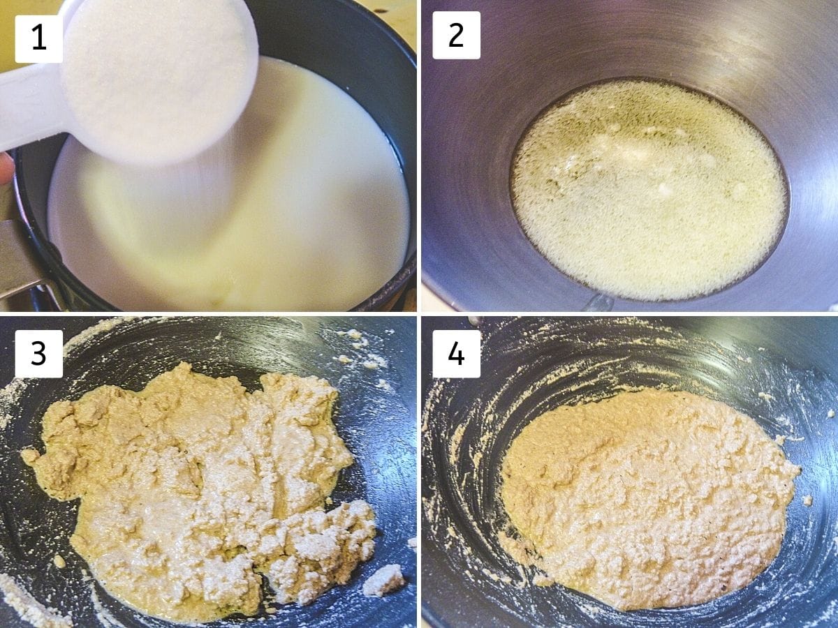 collage of 4 steps showing milk-sugar mixture, ghee in a pan, flour mixed with ghee, roasted flour.