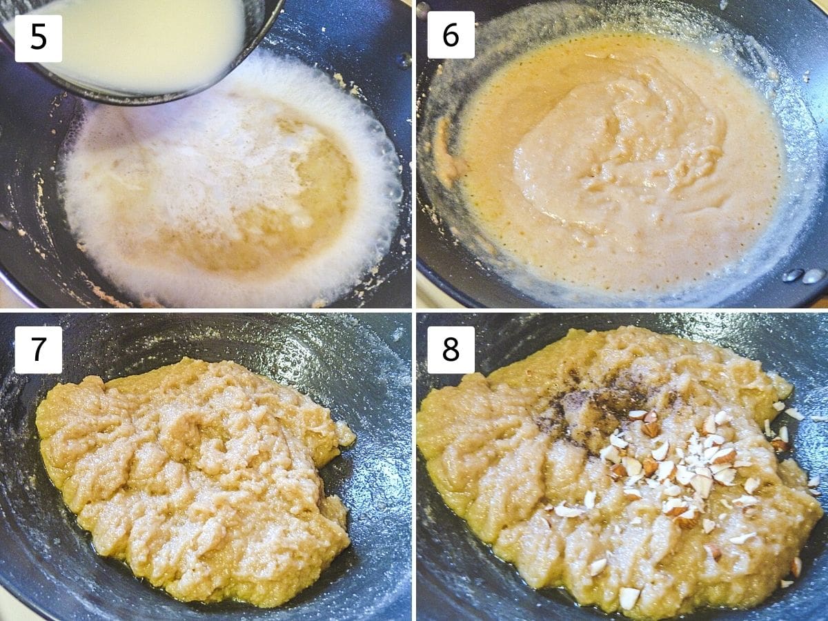 Collage of 4 steps showing adding milk-sugar mixture, mix well, cooked halwa, garnished with cardamom, almonds