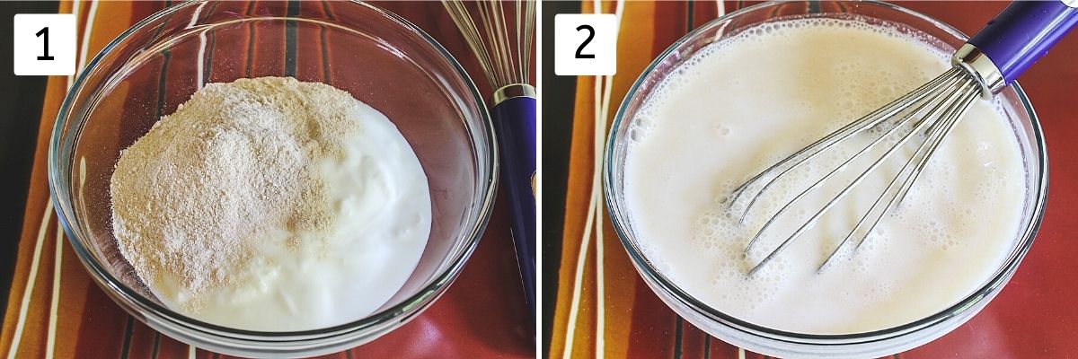 Collage of 2 images showing yogurt and flour in a bowl, mixed with water